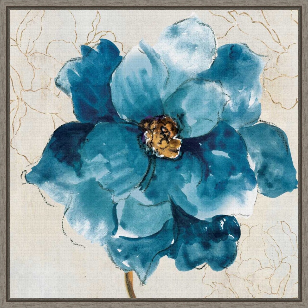 Ophelia I (Blue Flower) by Asia Jensen 16-in. W x 16-in. H. Canvas Wall Art Print Framed in Grey